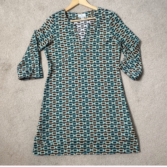 Jude Connally Dress Chain Link Print Geo Brown Blue Catalina Shift Dress Medium - Picture 7 of 15